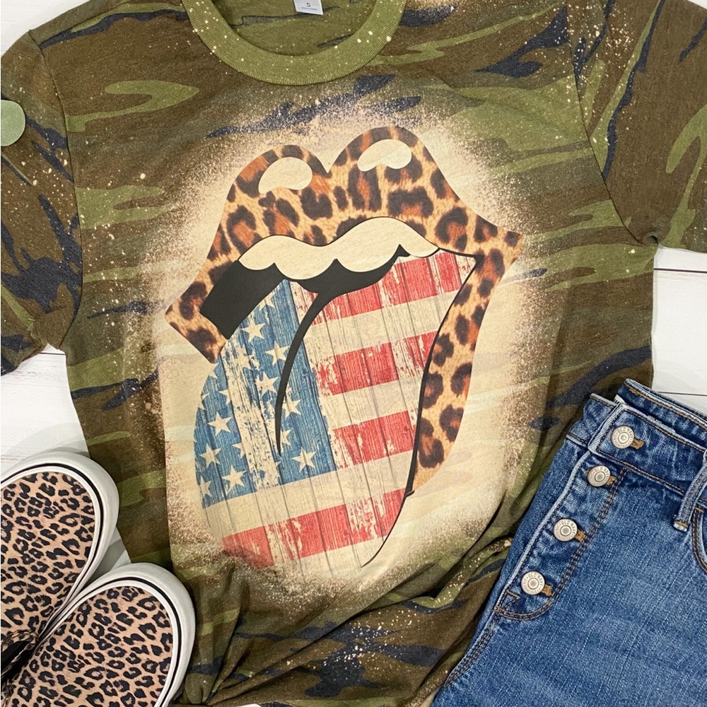 Camo Graphic Tee with Leopard and Flag Design America 4th of July Tee Burnout